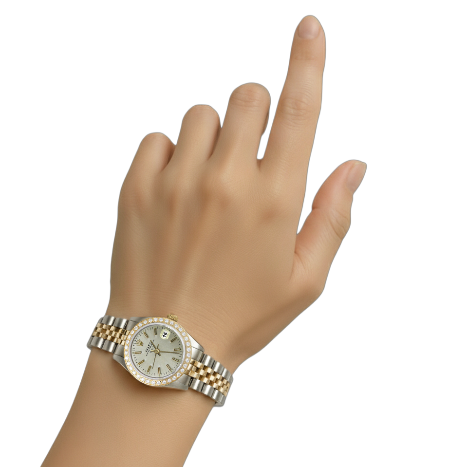 Rolex-Uhr mit Diamantlünette und weißem Stick-Zifferblatt, Edelstahl-Gold-Jubiläumsarmband P2