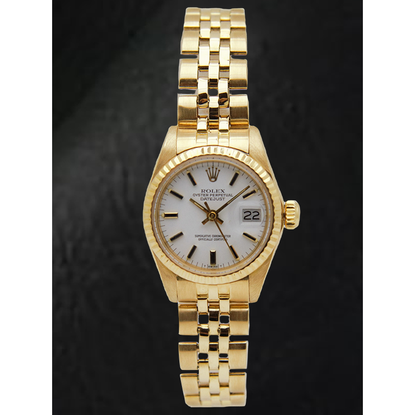 Rolex Lady-Datejust – Armbanduhr mit weißem Stabzifferblatt und Präsidenten-Stil und Gelbgold-Armband