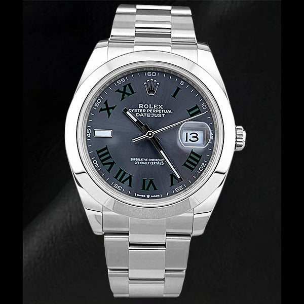 Rolex 126300 Datejust 41 mm, graues römisches Leuchtzifferblatt, Edelstahluhr
