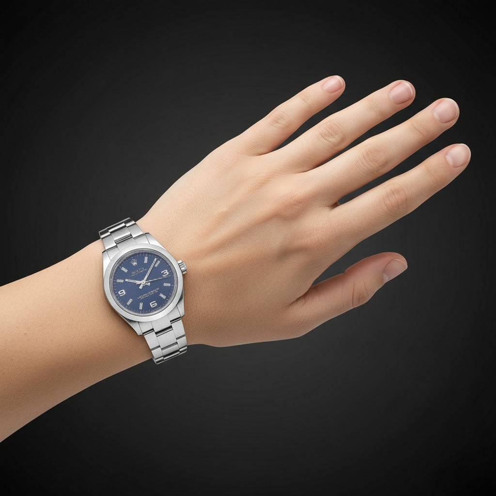 Rolex 31 mm Edelstahluhr mit blauem arabischen Zifferblatt P3