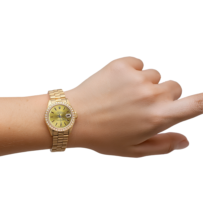 Rolex Champagner Stick Zifferblatt Präsidentin Betrachten Datejust Diamant Lünette Gelbgold P2