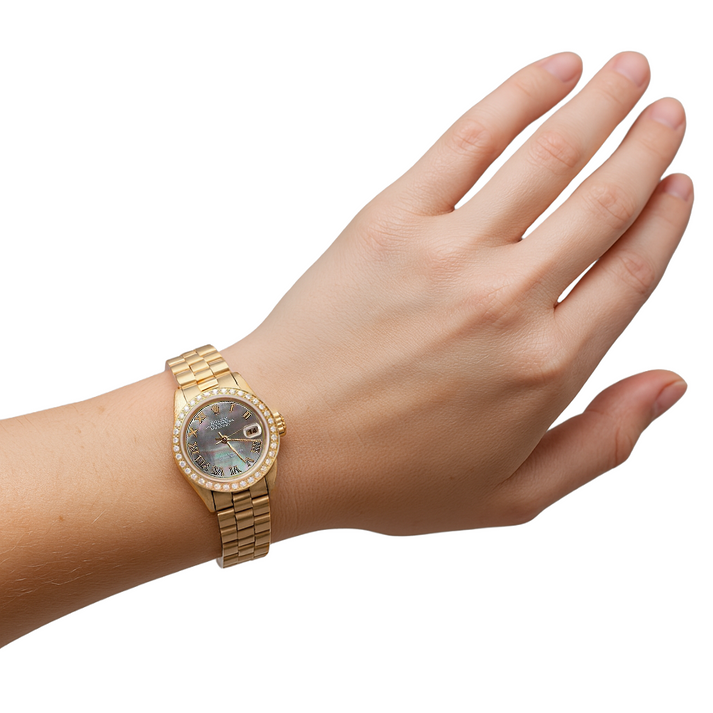 Rolex Dame Betrachten Mop im Präsidentenstil mit römischem Zifferblatt und Diamantlünette