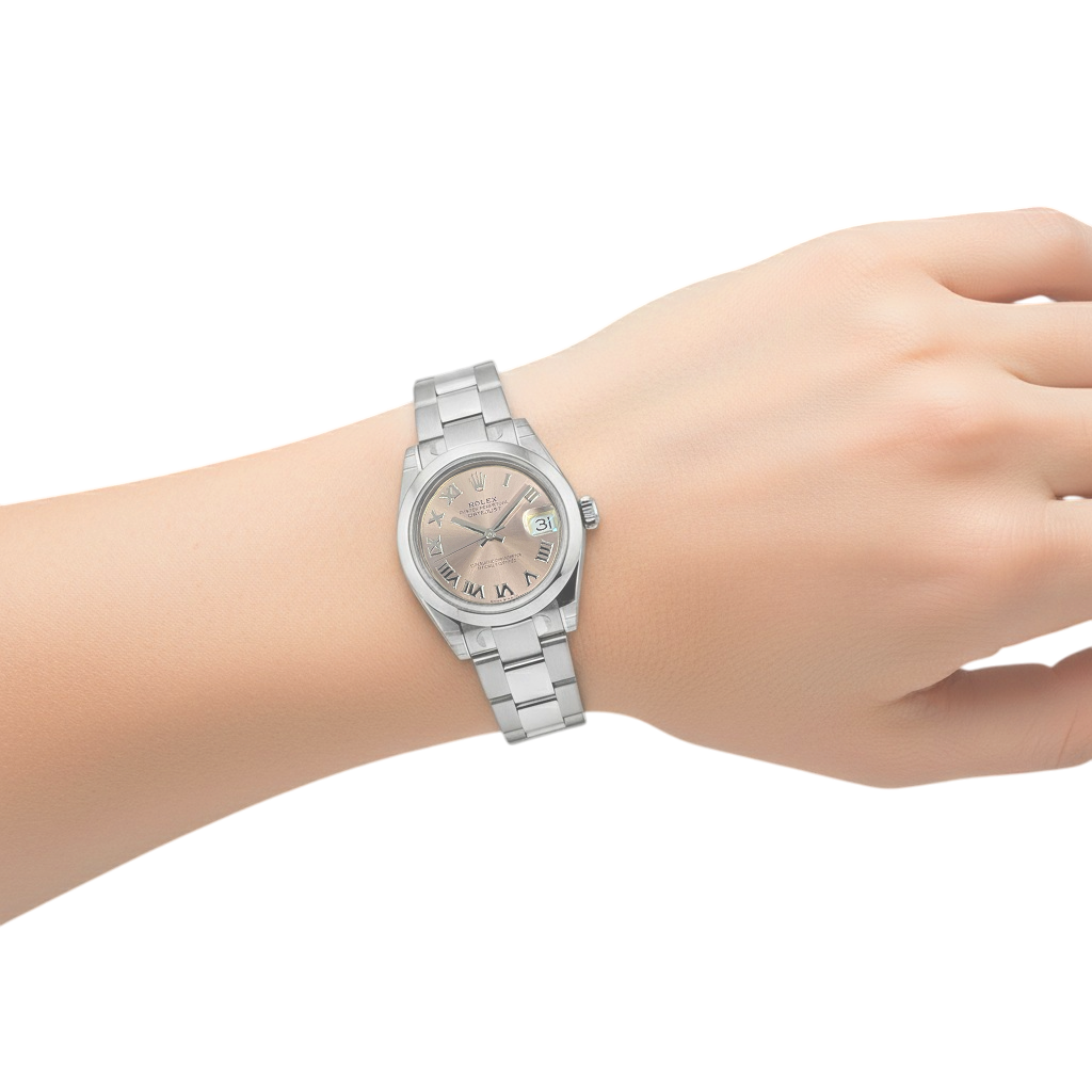 Rolex Dame Date-just Lachsfarbene Stahluhr mit römischem Zifferblatt