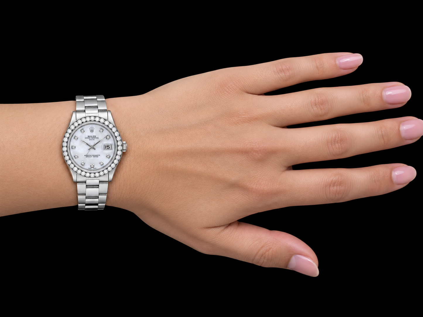 Rolex Date 1500 34 mm Weißes Perlmutt-Diamantzifferblatt Edelstahl