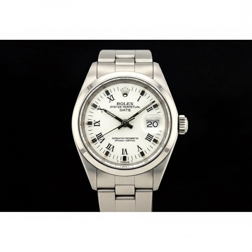 Rolex Date 26 mm weißes römisches Zifferblatt Oyster Edelstahl Damenuhr P1
