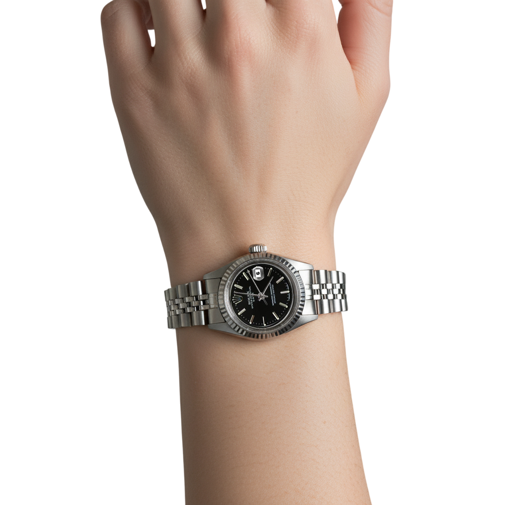 Rolex Date Betrachten Edelstahl Jubilee Armband Schwarzes Zifferblatt mit geriffelter Lünette