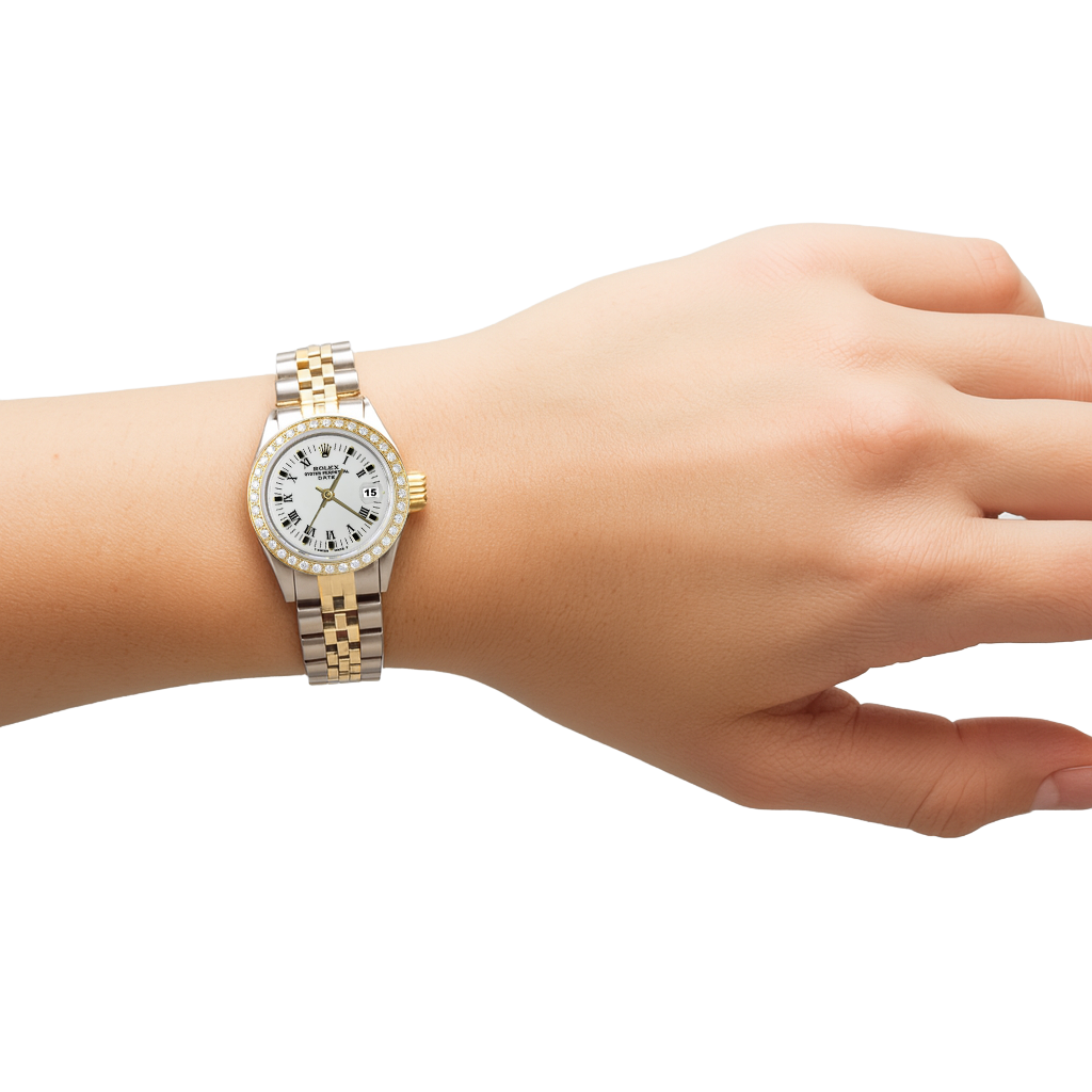 Rolex Date Damenuhr Jubilee mit weißem römischem Zifferblatt und Diamantlünette