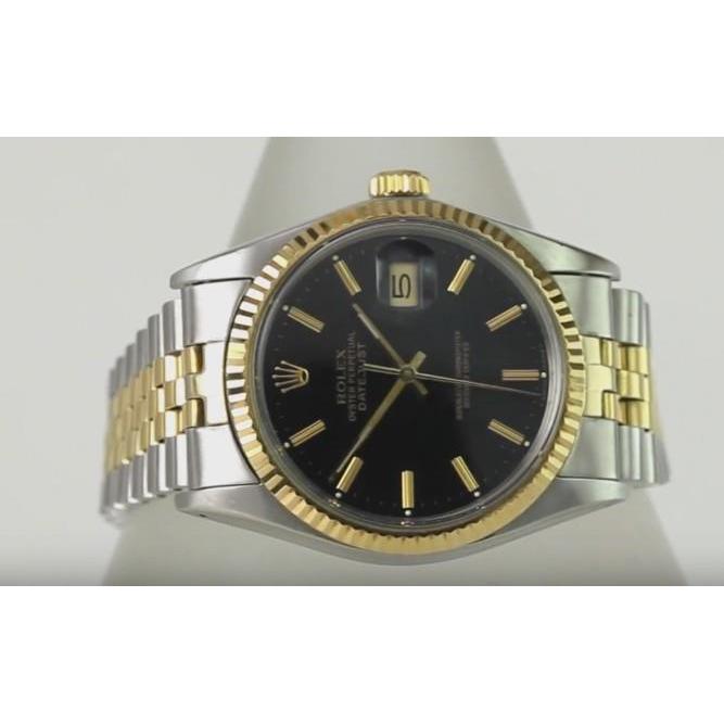 Rolex Date Just 36 mm Herrenuhr, zweifarbiges Oyster-Armband, schwarzes Zifferblatt, SCHNELLSET