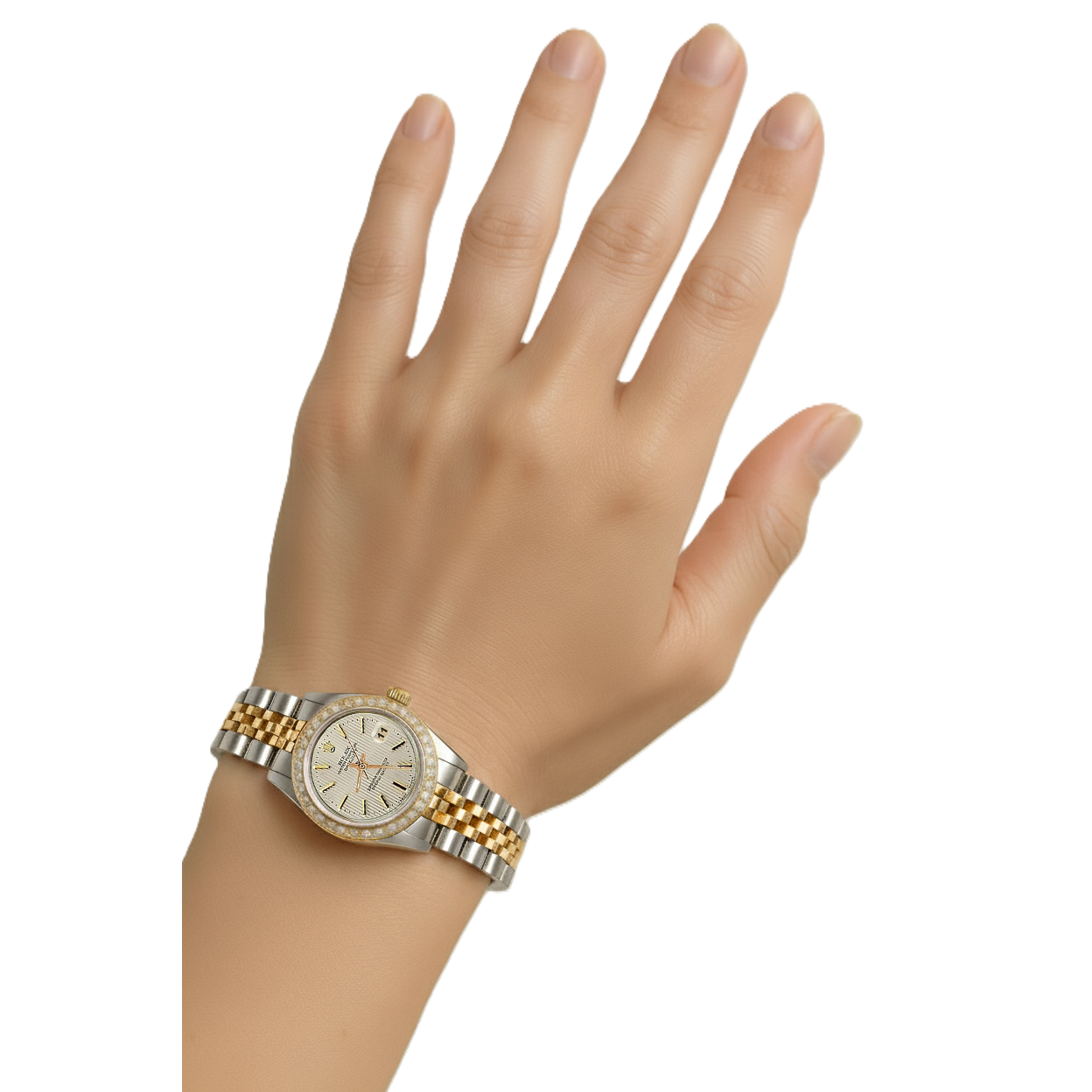 Rolex Date Just Dame Uhr, weißes Zifferblatt, Edelstahl und Gelbgold P2