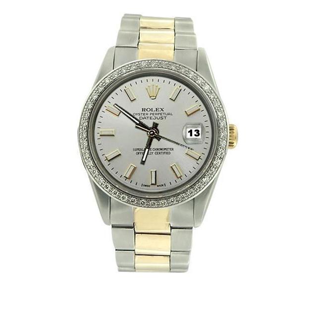 Rolex Date Just Diamant Bezel Uhr mit weißem Stick-Zifferblatt, Edelstahl und Gold, SCHNELLSET
