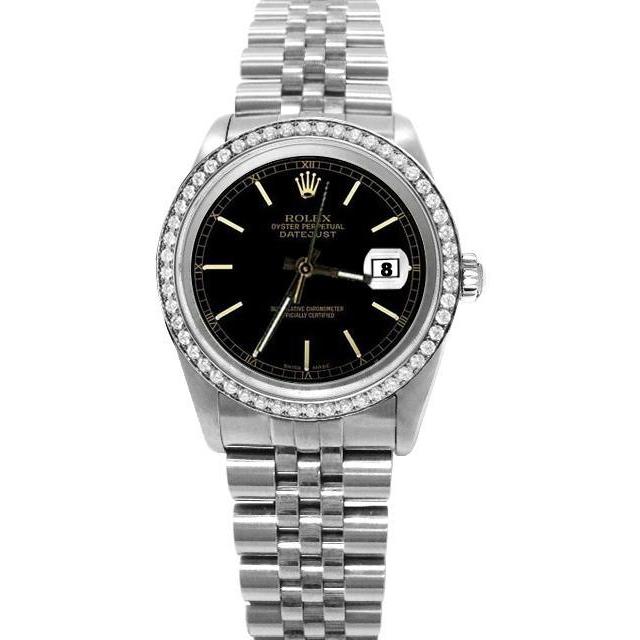 Rolex Date Just Edelstahl mit schwarzem Zifferblatt und Diamantlünette