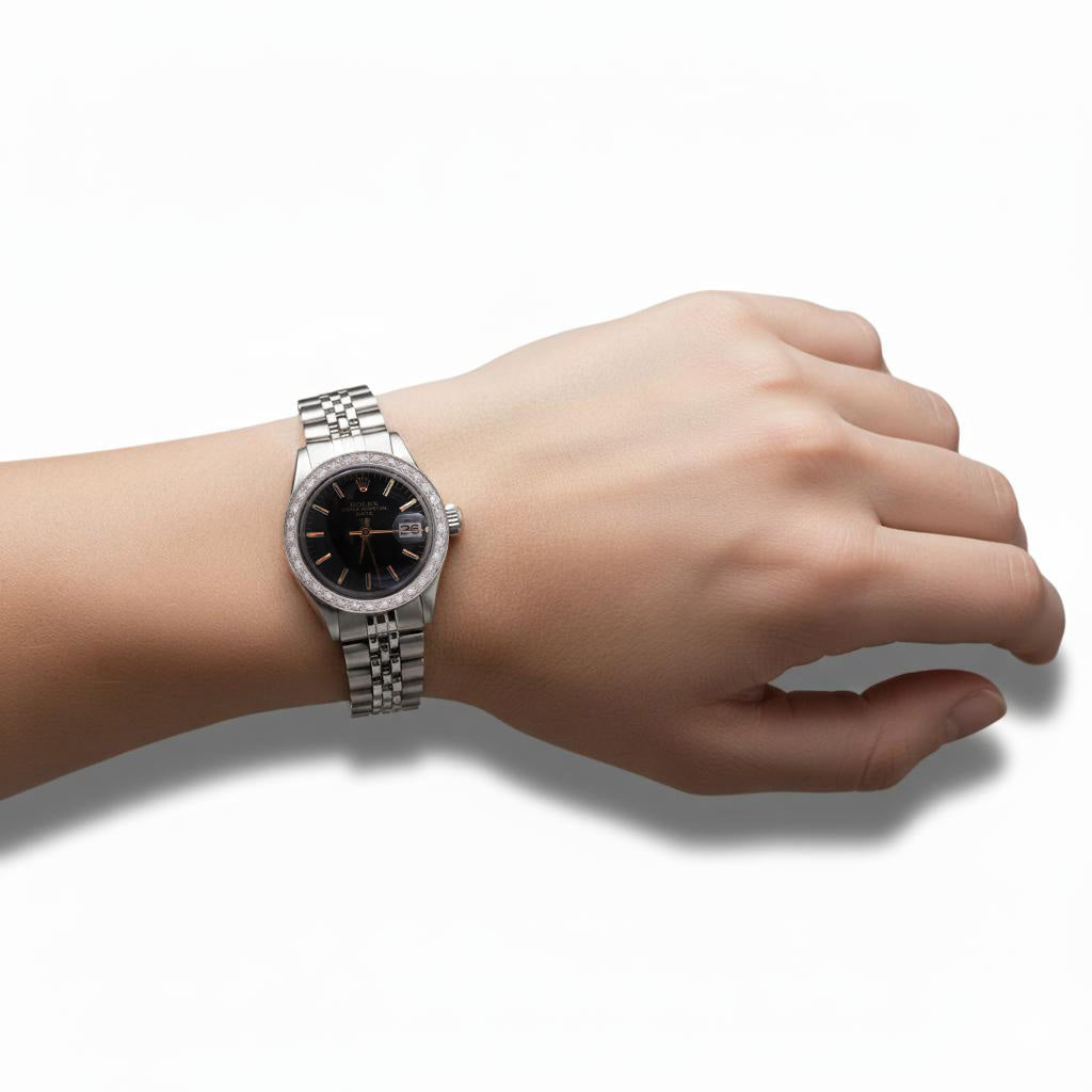 Rolex Date Schwarz Stick Zifferblatt Diamant Lünette Damenuhr Edelstahl Jubilee P4
