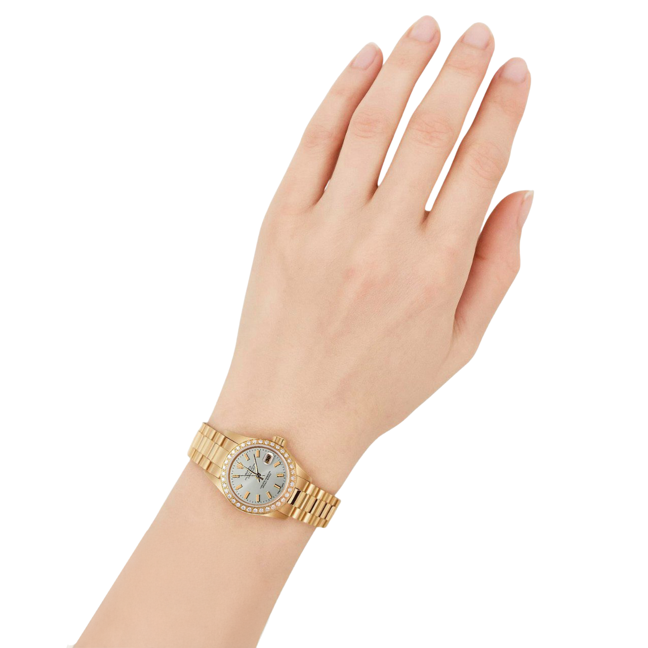 Rolex Date just weißes Stabzifferblatt Präsidentenstil Uhr mit Diamantlünette und Gold