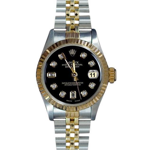 Rolex Datejust-Uhr aus Edelstahl mit geriffelter Lünette und goldenem Baguette-Diamant-Zifferblatt