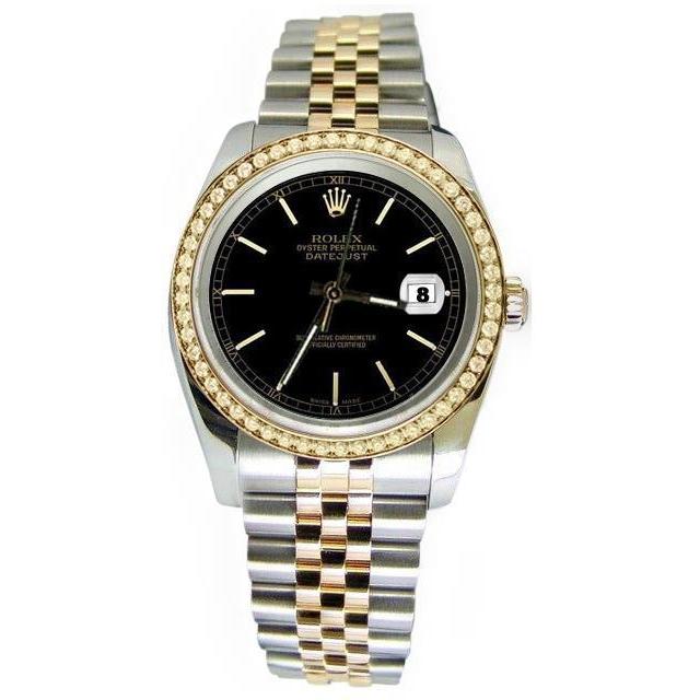 Rolex Datejust-Uhr aus massivem Gold und Stahl mit Stick-Zifferblatt und Diamantlünette. SCHNELLES SET