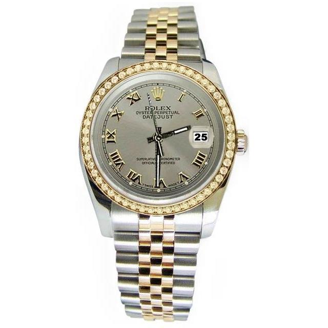 Rolex Datejust-Uhr mit Diamantlünette, graues römisches Zifferblatt, zweifarbig, SCHNELLSET