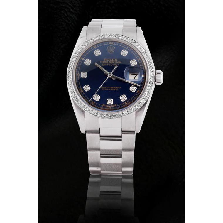 Rolex Datejust-Uhr mit blauem Diamant-Zifferblatt und Lünette, Edelstahl-Oyster-Armband, SCHNELLES SET