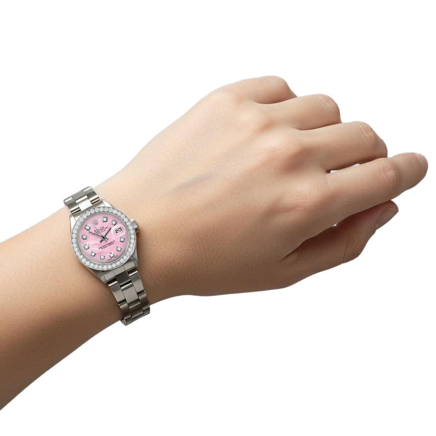 Rolex Datejust 26 mm Damenuhr mit rosa Perlmutt-Diamant-Zifferblatt und Edelstahl-Oyster-Armband P4