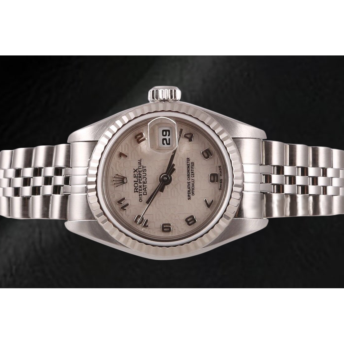 Rolex Datejust 26 mm Edelstahluhr mit weißem arabischen Jubilee-Zifferblatt