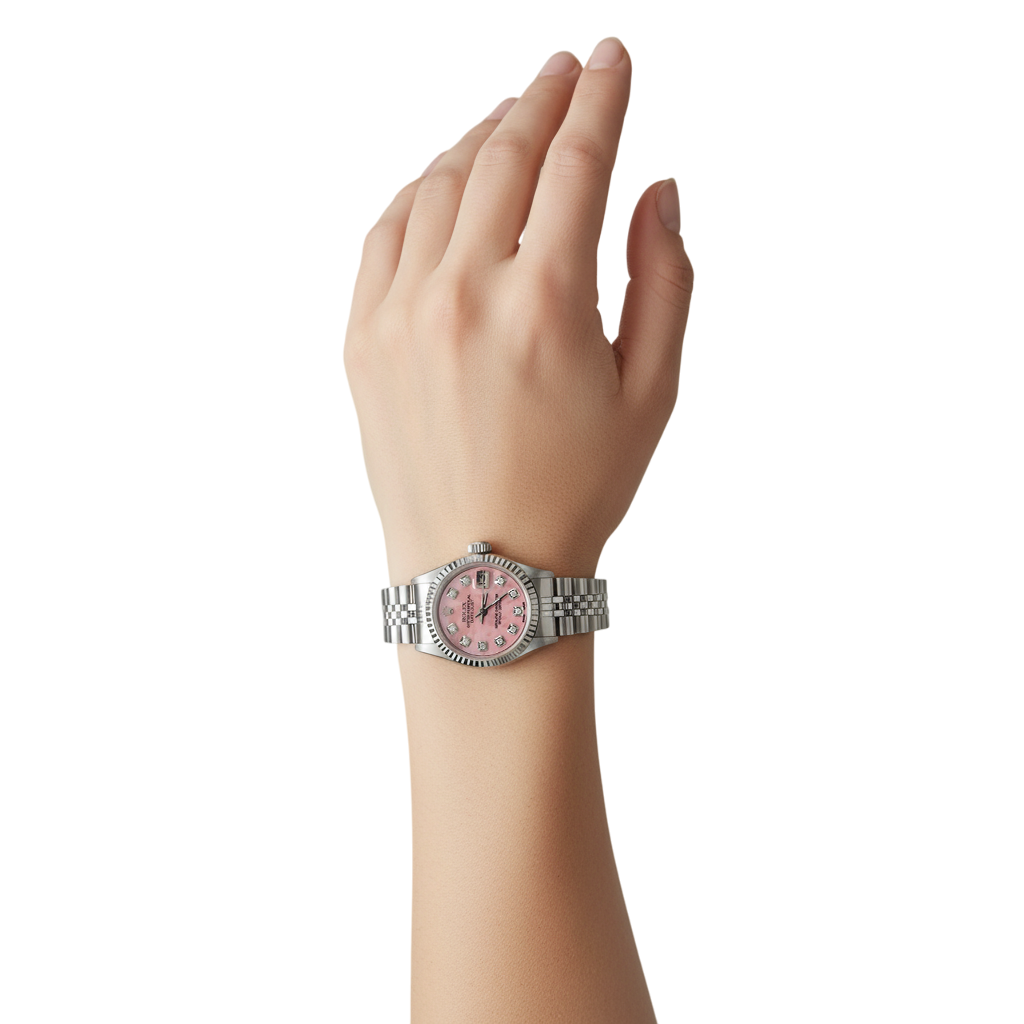 Rolex Datejust 26 mm Edelstahluhr mit rosa Perlmutt-Diamant-Zifferblatt