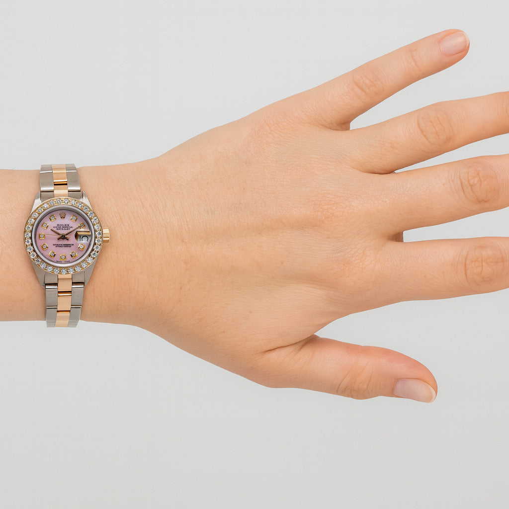 Rolex Datejust 26 mm, rosa Perlmutt-Zifferblatt mit Diamanten, zweifarbiges Oyster-Armband