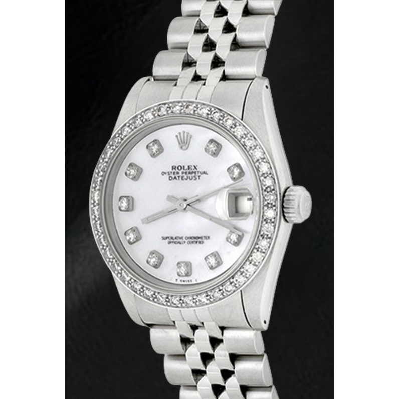 Rolex Datejust 31 mm Uhr aus Edelstahl mit weißem Perlmutt-Zifferblatt und Diamanten