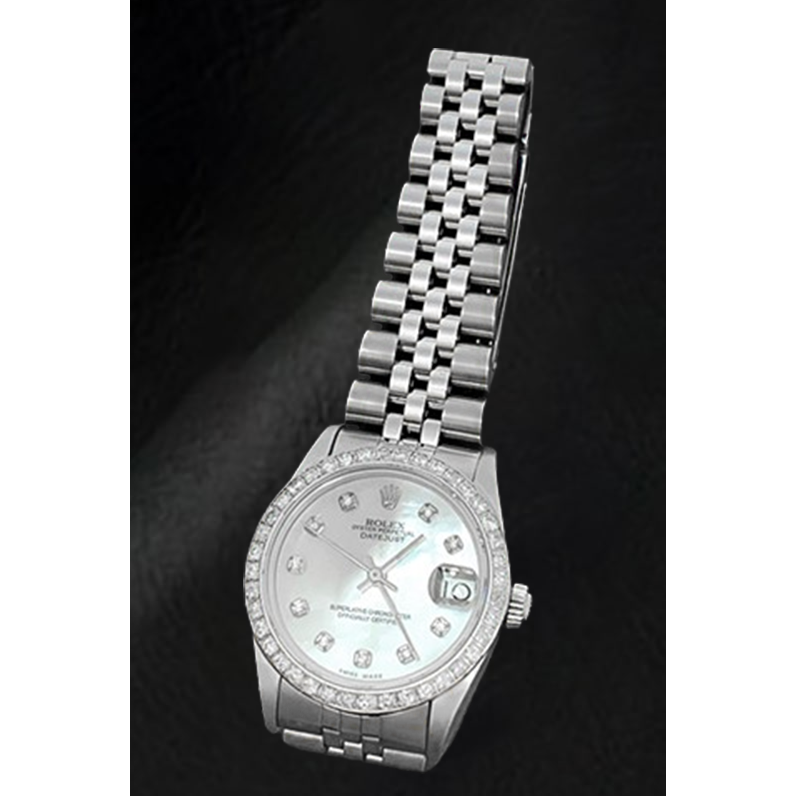 Rolex Datejust 31 mm Uhr aus Edelstahl mit weißem Perlmutt-Zifferblatt und Diamanten