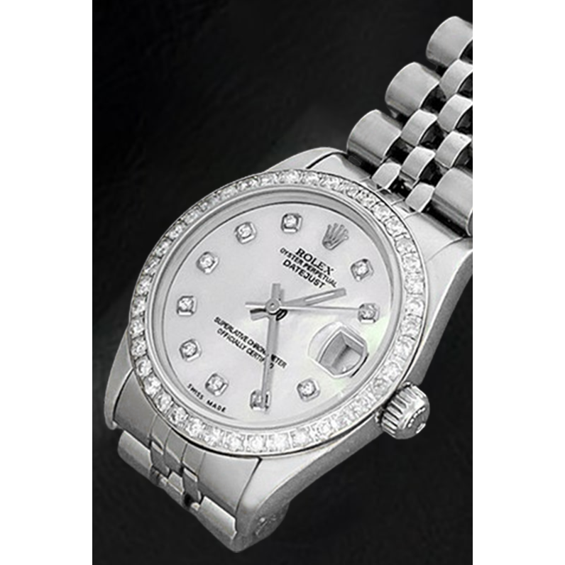 Rolex Datejust 31 mm Uhr aus Edelstahl mit weißem Perlmutt-Zifferblatt und Diamanten