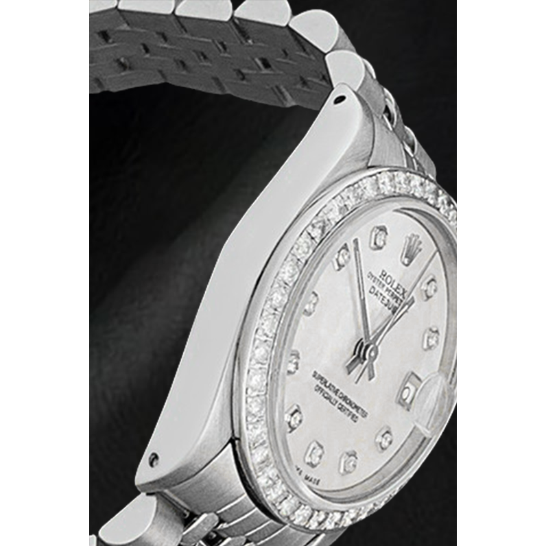 Rolex Datejust 31 mm Uhr aus Edelstahl mit weißem Perlmutt-Zifferblatt und Diamanten