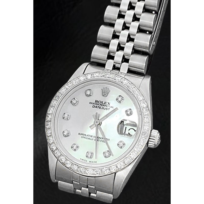 Rolex Datejust 31 mm Uhr aus Edelstahl mit weißem Perlmutt-Zifferblatt und Diamanten