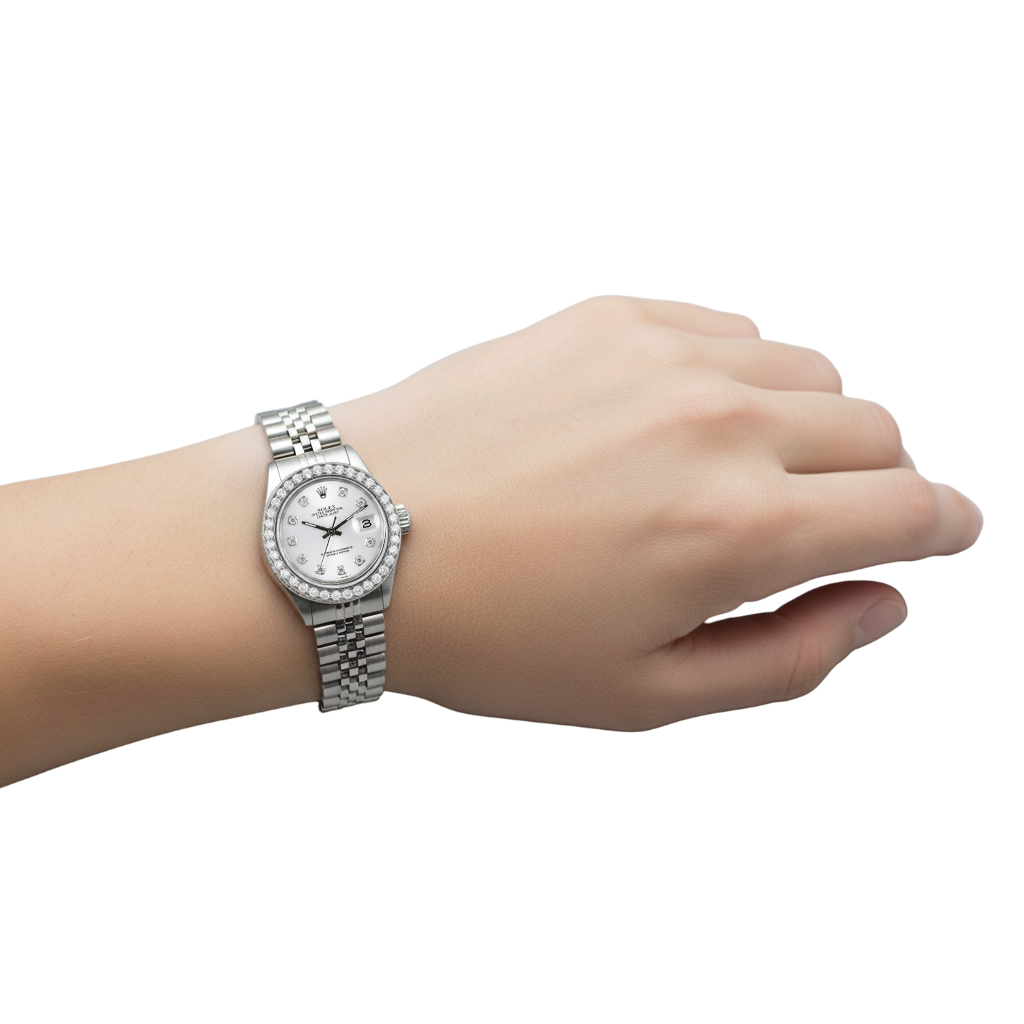 Rolex Datejust 31 mm Uhr aus Edelstahl mit weißem Perlmutt-Zifferblatt und Diamanten P8