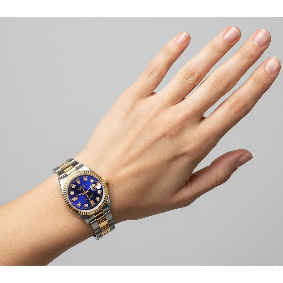 Rolex Datejust 31 mm, blaues Diamantzifferblatt, zweifarbiges Oyster-Armband