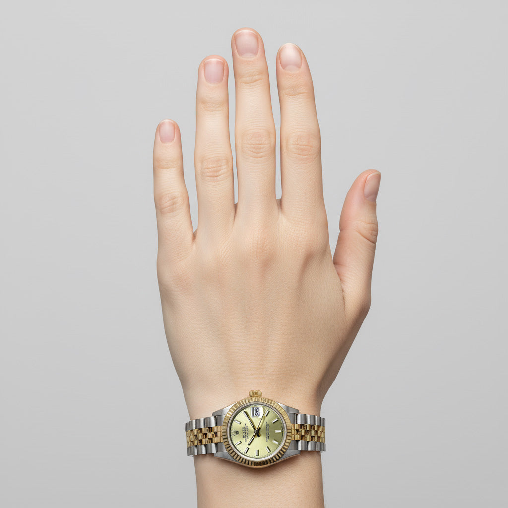 Rolex Datejust 31 mm, leuchtende zweifarbige Uhr in Champagner