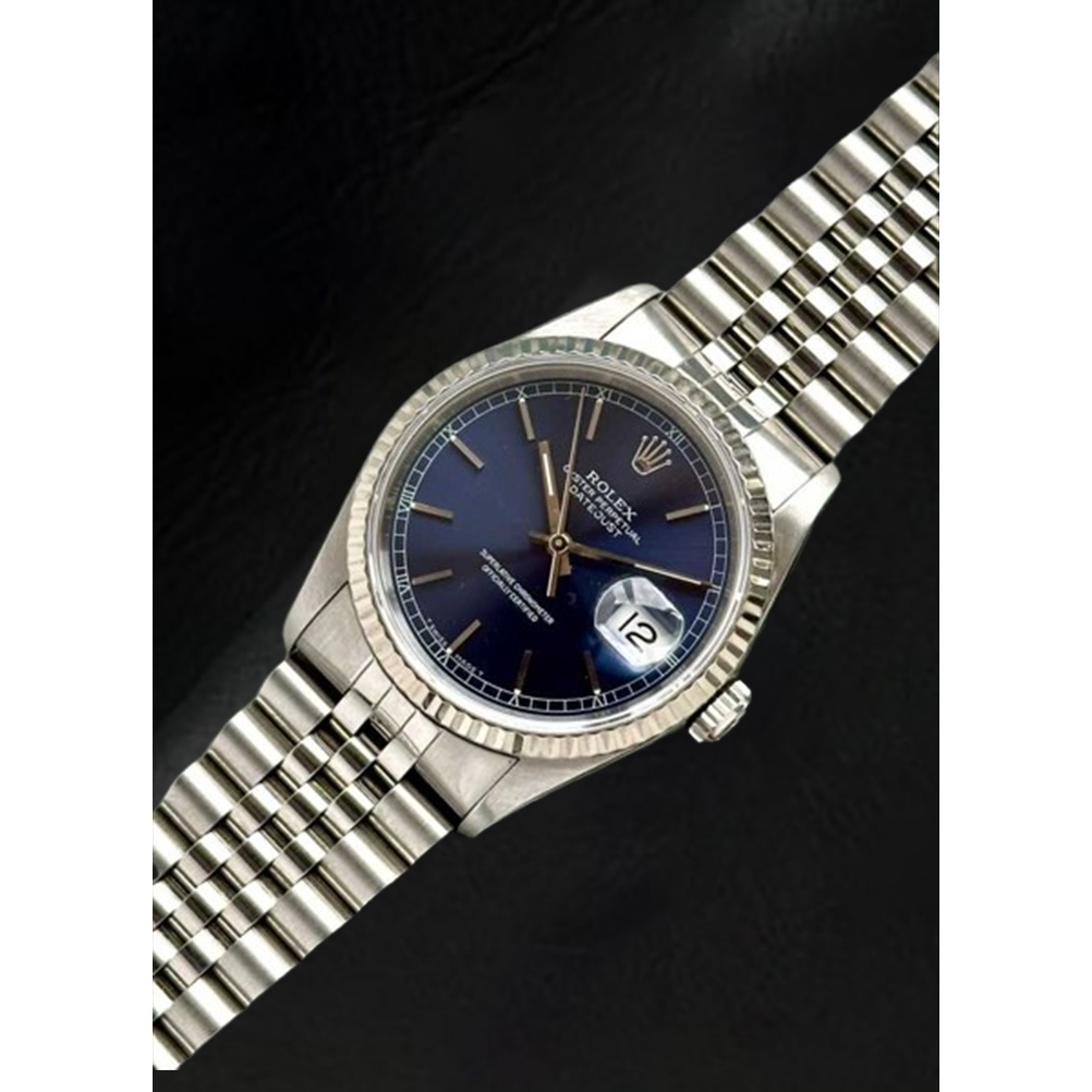 Rolex Datejust 36 mm Edelstahluhr mit blauem Stabzifferblatt