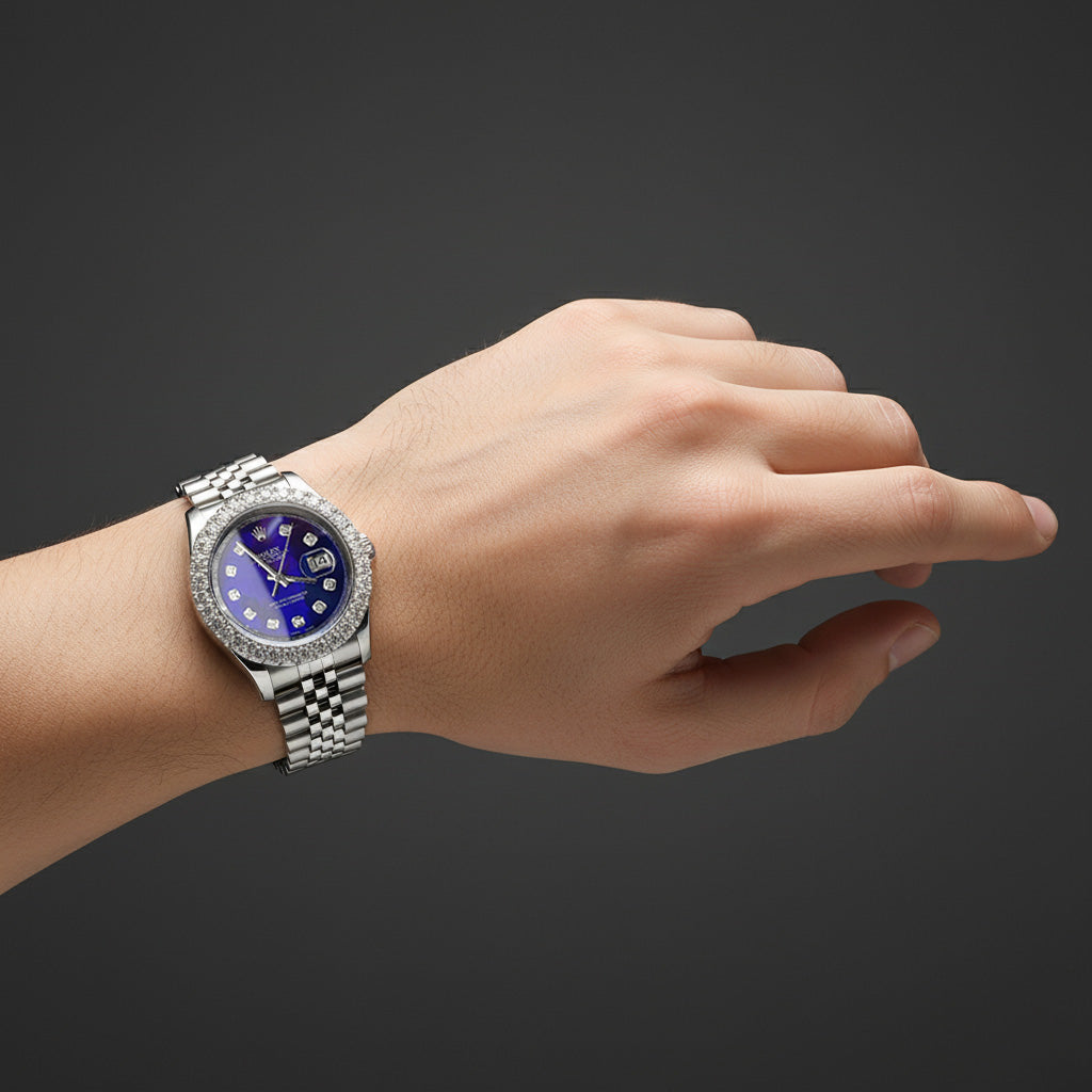 Rolex Datejust 36 mm Uhr mit blauem Perlmutt-Diamant-Zifferblatt Verdeckter Verschluss