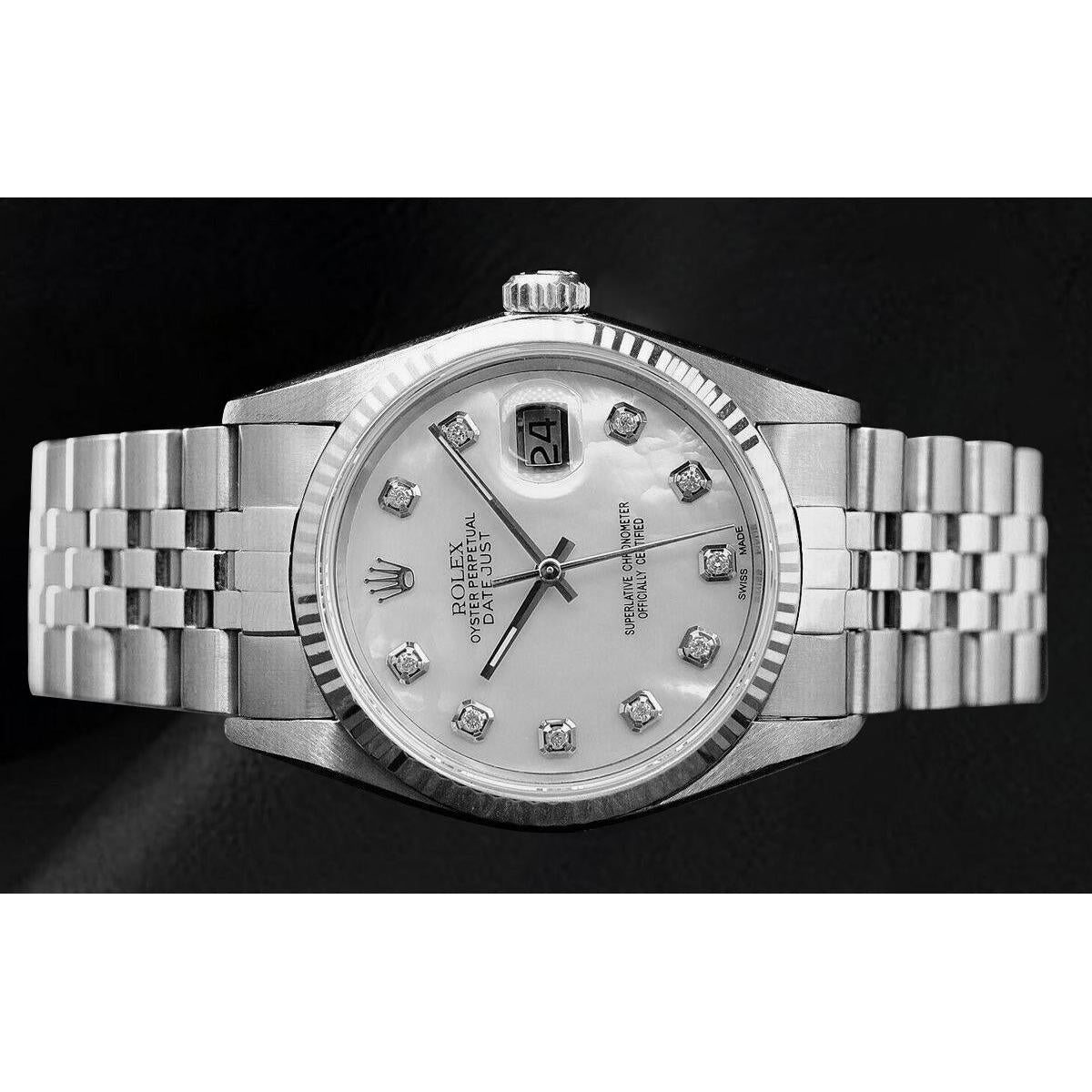 Rolex Datejust 36 mm, weißes Perlmutt-Diamant-Zifferblatt, Edelstahluhr