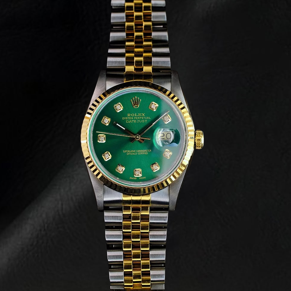 Rolex Datejust 36 mm, zweifarbige Uhr mit grünem Diamantzifferblatt
