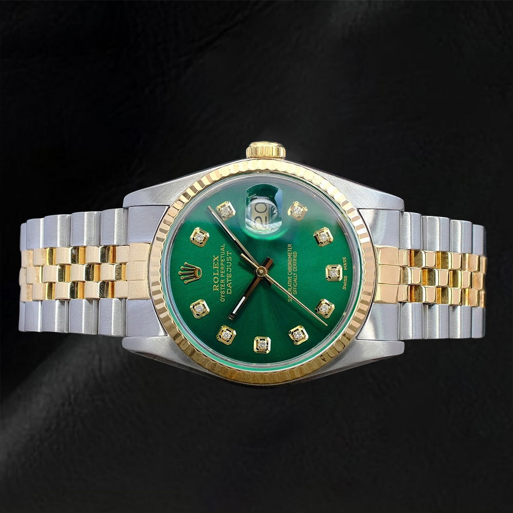 Rolex Datejust 36 mm, zweifarbige Uhr mit grünem Diamantzifferblatt