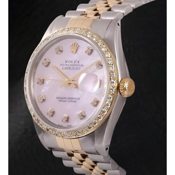 Rolex Datejust 36 mm, zweifarbige Uhr mit rosa Perlmutt-Zifferblatt und Diamanten