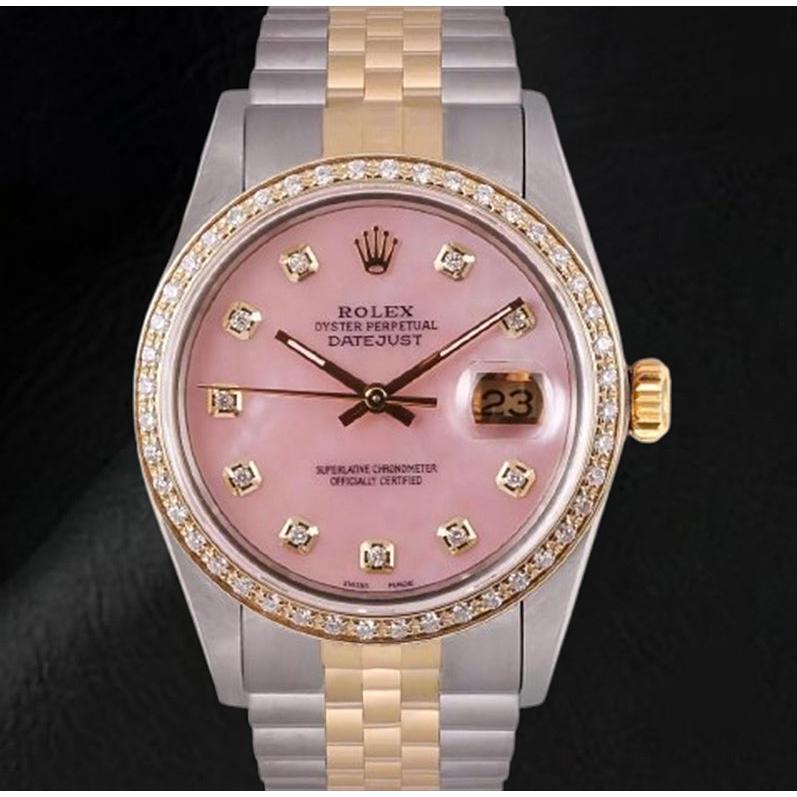 Rolex Datejust 36 mm, zweifarbige Uhr mit rosa Perlmutt-Zifferblatt und Diamanten