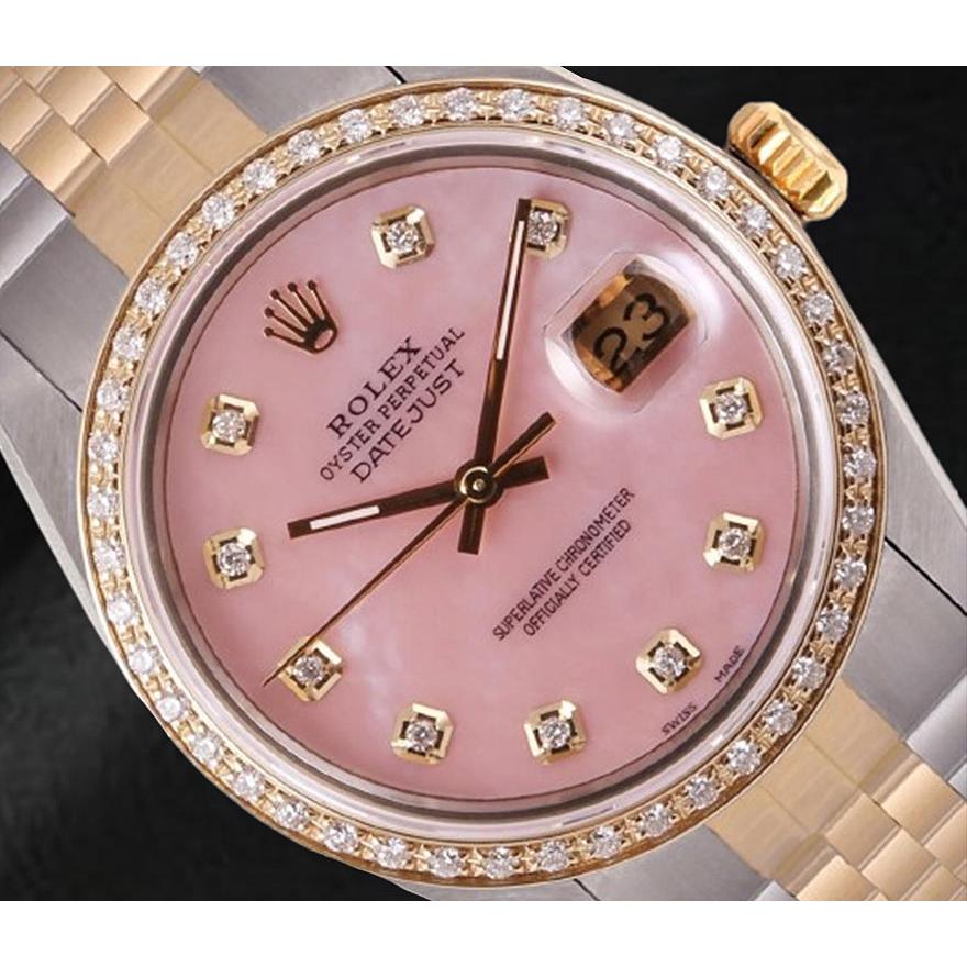 Rolex Datejust 36 mm, zweifarbige Uhr mit rosa Perlmutt-Zifferblatt und Diamanten