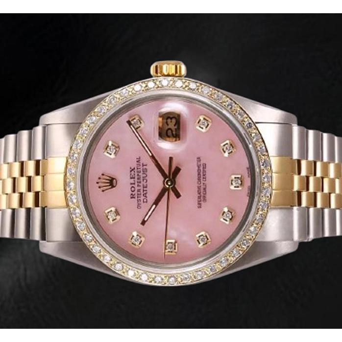 Rolex Datejust 36 mm, zweifarbige Uhr mit rosa Perlmutt-Zifferblatt und Diamanten