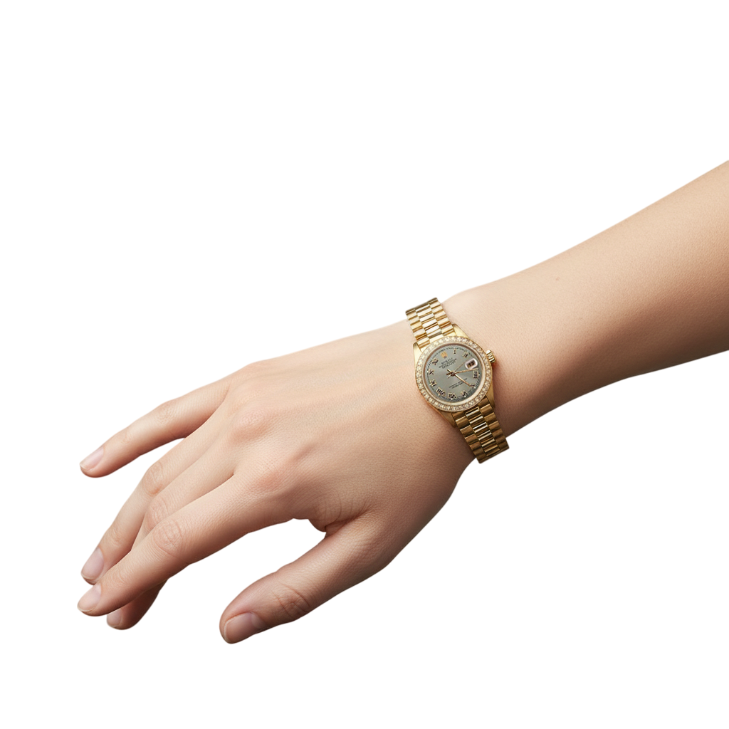 Rolex Datejust Betrachten Präsidentenstil Armband Graues römisches Zifferblatt Gelbgold Damen P2