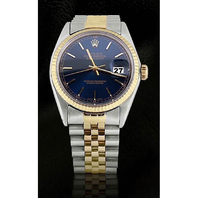 Rolex Datejust Blau Stick-Zifferblatt Herrenuhr mit geriffelter Lünette, Edelstahl & Gold Jubilee SCHNELLES EINSTELLEN