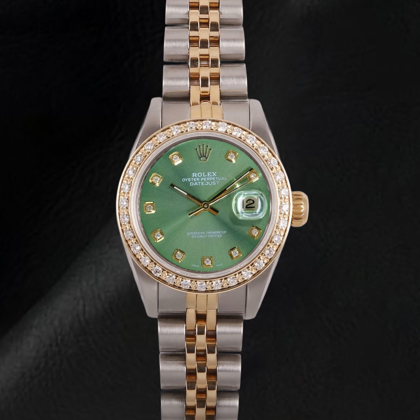 Rolex Datejust Damenuhr, 26 mm, olivgrünes Diamantzifferblatt, zweifarbig