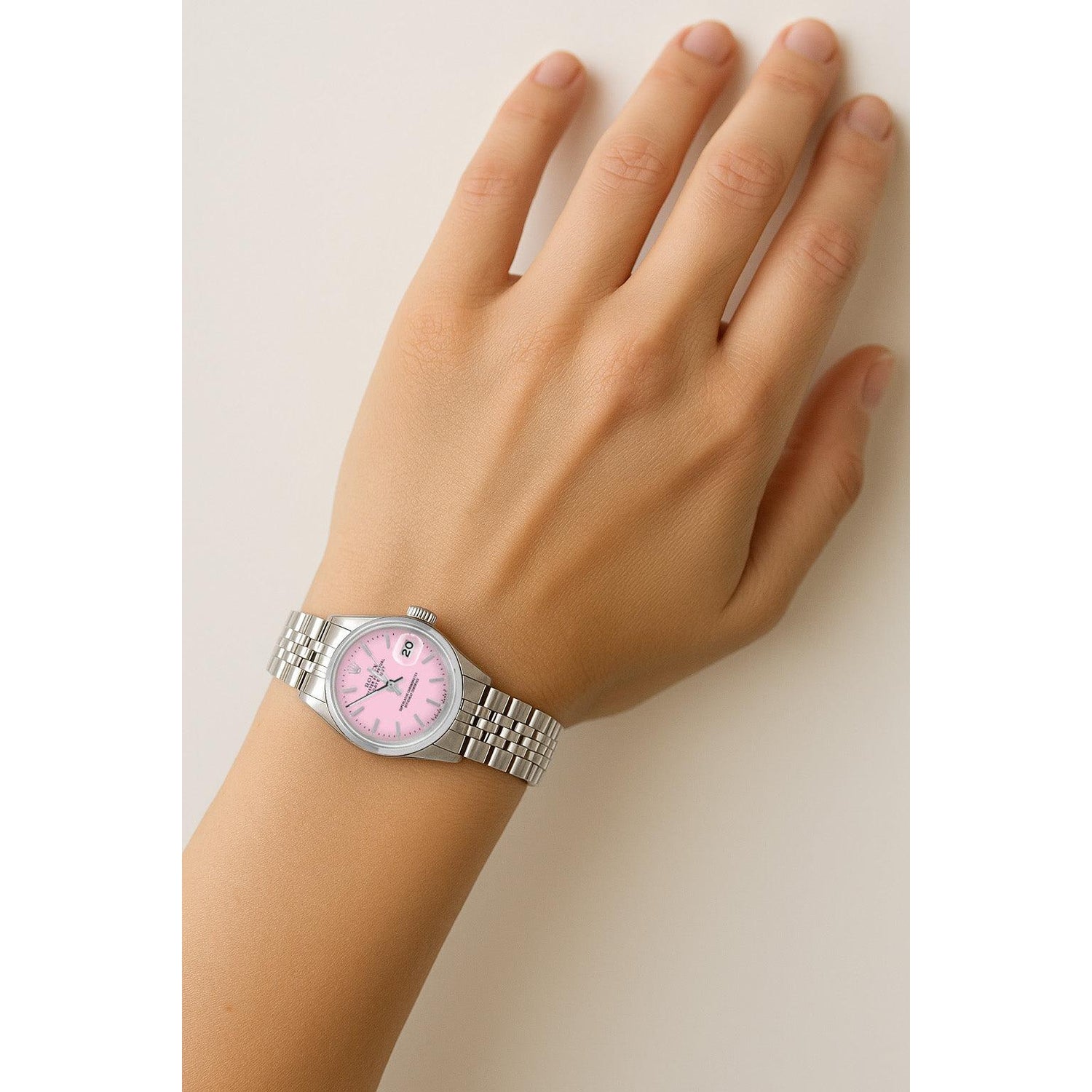 Rolex Datejust Damenuhr, 26 mm, rosafarbenes Stabzifferblatt, Edelstahl