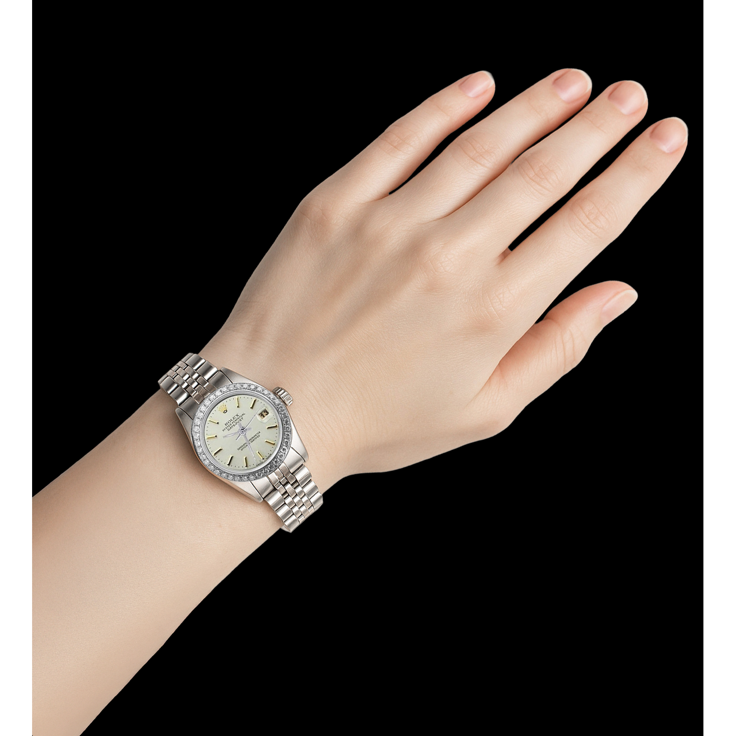 Rolex Datejust Damenuhr, Edelstahl, Diamantlünette, Weiß P2