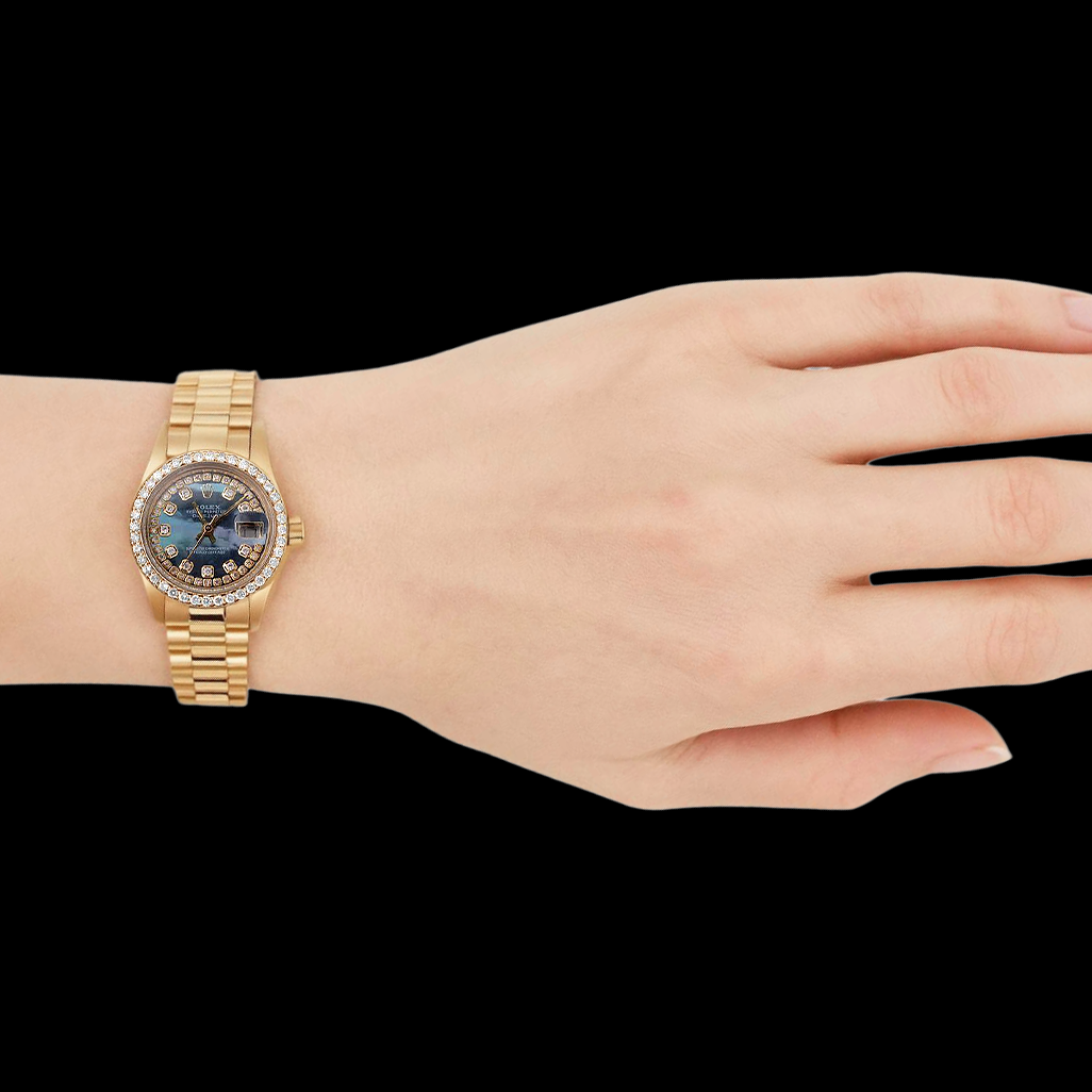 Rolex Datejust Damenuhr, Perlmutt, String-Diamant-Zifferblatt, Gelbgold