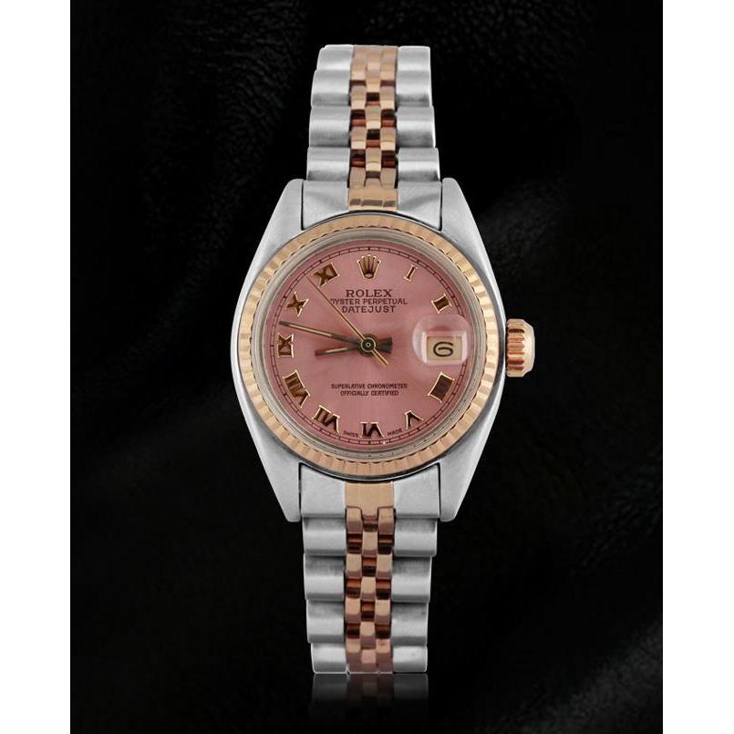 Rolex Datejust Damenuhr aus Edelstahl und Golden mit geriffelter Lünette und römischem Zifferblatt
