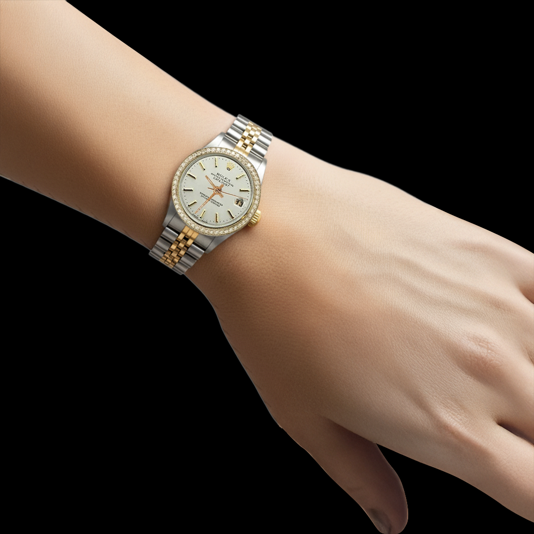 Rolex Datejust Damenuhr aus Edelstahl und Golden, weißes Zifferblatt mit Diamanten